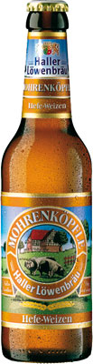Das Bier Haller Löwenbräu Mohrenköpfle Hefeweizen wird hier als Produktbild gezeigt.