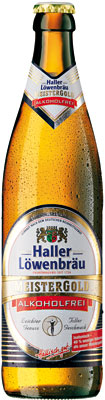 Das Bier Haller Löwenbräu Meistergold Alkoholfrei wird hier als Produktbild gezeigt.
